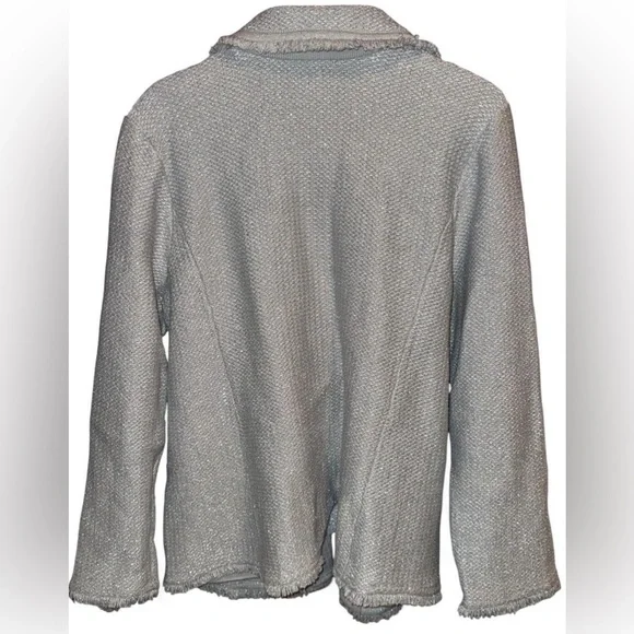 Sparkly Chico’s Metallic Silver Gray Tweed Sweater Blazer Frayed Edging Size 4 - Picture 3 of 9